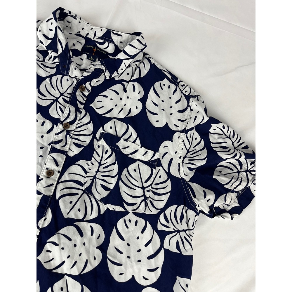 Margaritaville Mens Button Down Shirt Large Navy White Tropical Leaf Aloha‎